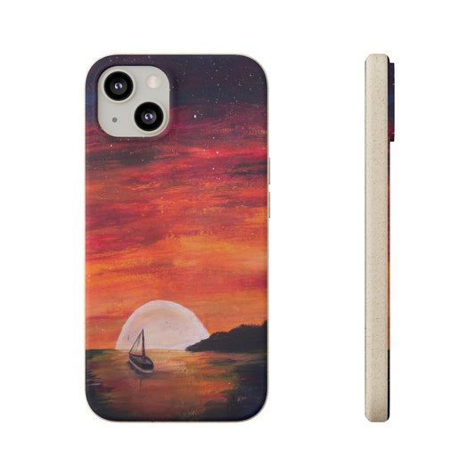 Biodegradable Phone Case Printed with "Setting Sun, Rising Moon" - art under moonlight